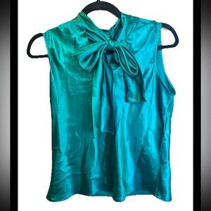 Women's Tunic Blouse, Kelly Green, Silk, Sleeveless, Black Label, Size PM,Petite